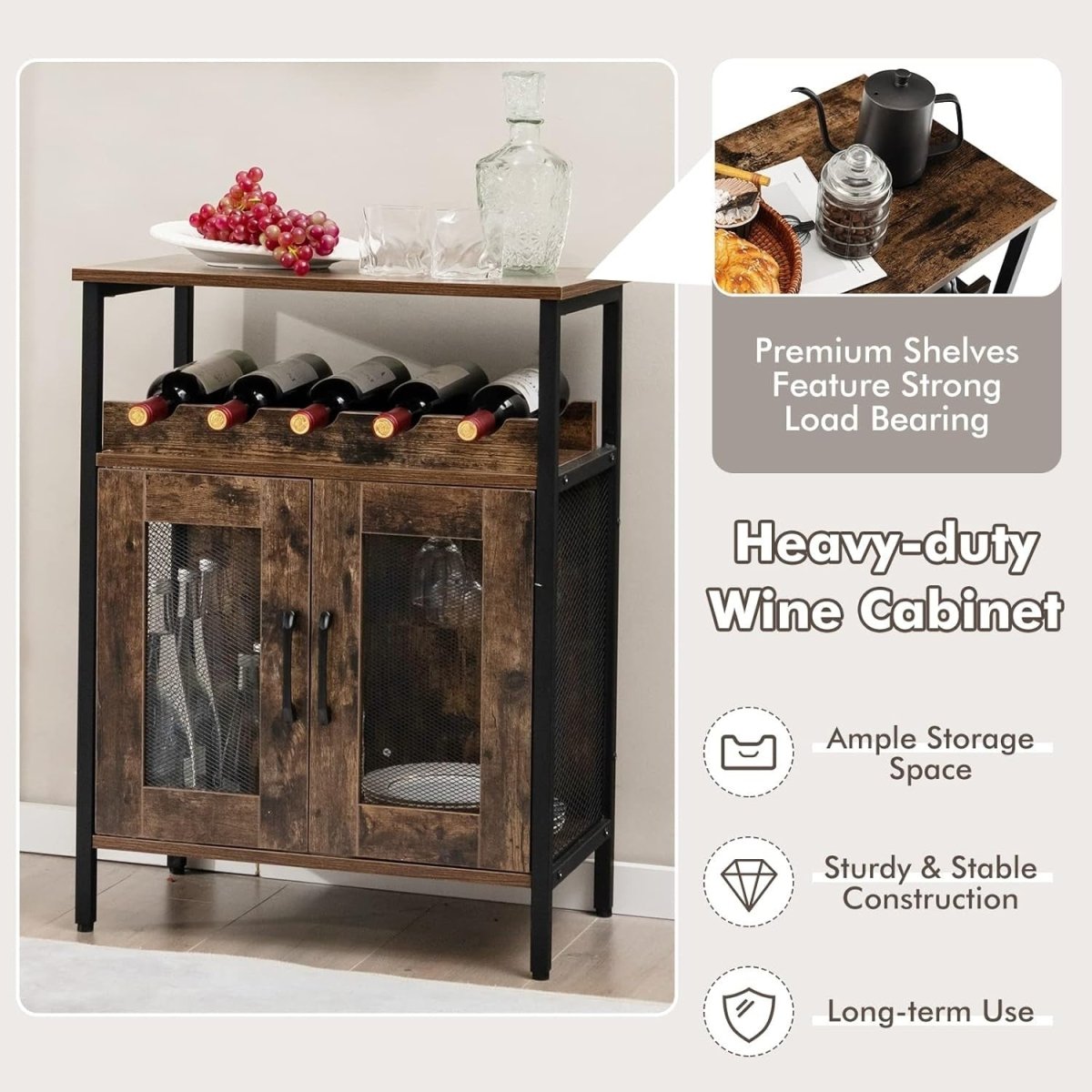Rustic Wine Bar Cabinet with Glass Holder & Bottle Storage Sideboard for Home - Kwikley