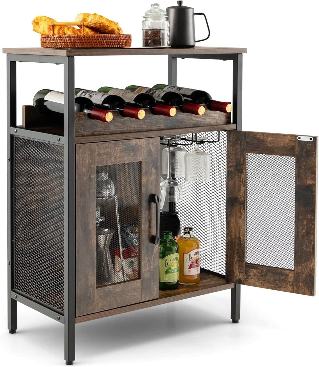 Rustic Wine Bar Cabinet with Glass Holder & Bottle Storage Sideboard for Home - Kwikley