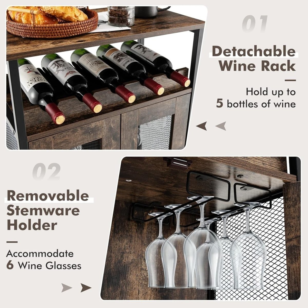 Rustic Wine Bar Cabinet with Glass Holder & Bottle Storage Sideboard for Home - Kwikley