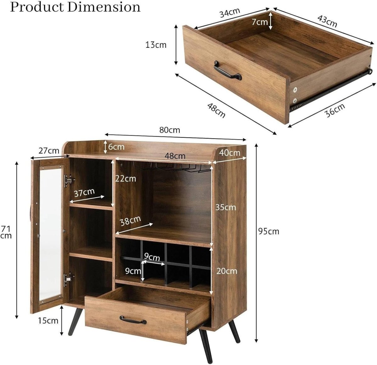 Rustic Wine Cabinet Sideboard with Glass Door, Wine Rack & Drawer for Home Bar - Kwikley