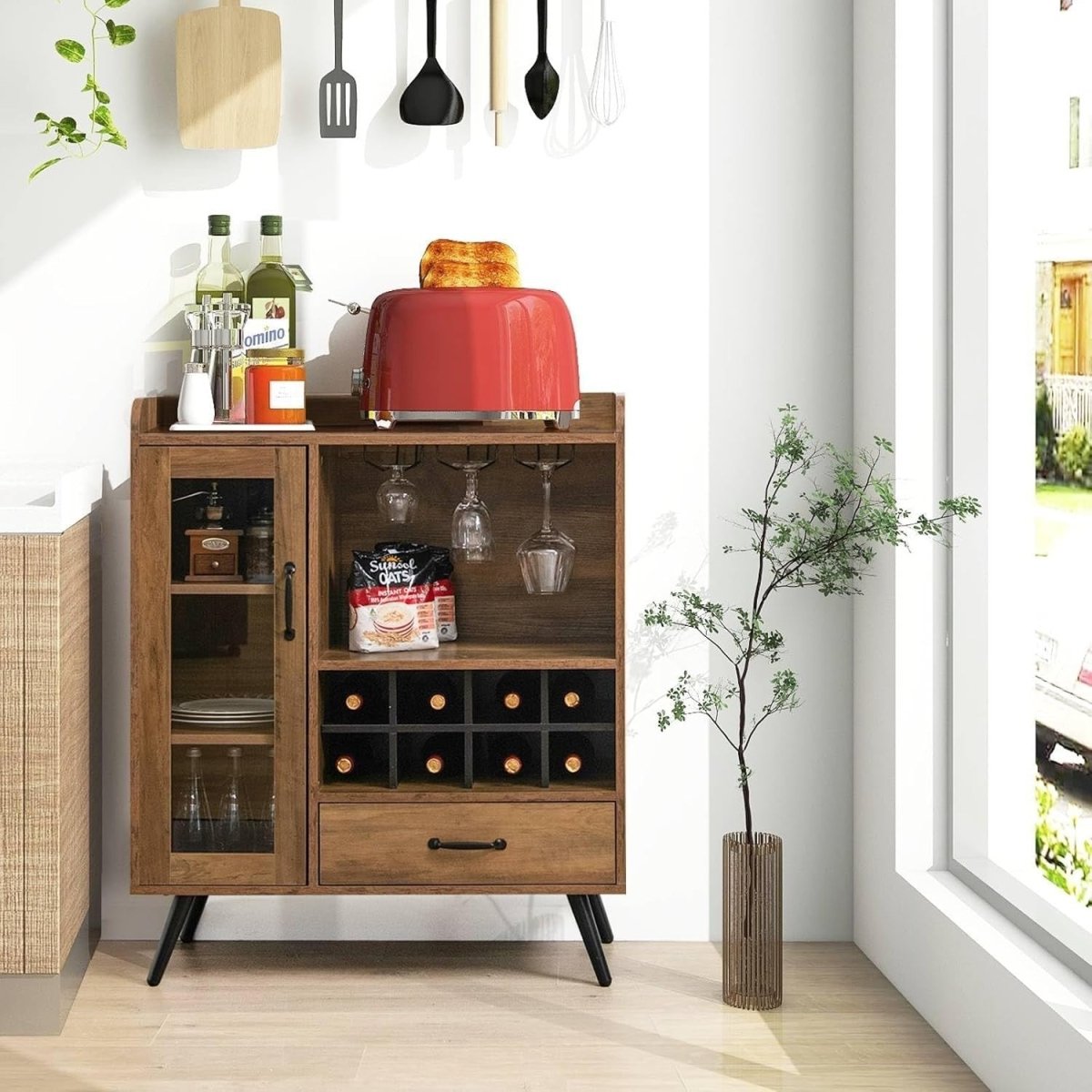 Rustic Wine Cabinet Sideboard with Glass Door, Wine Rack & Drawer for Home Bar - Kwikley