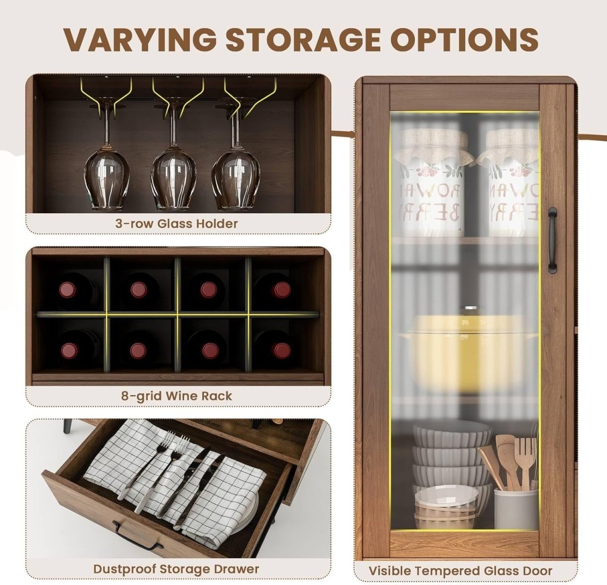 Rustic Wine Cabinet Sideboard with Glass Door, Wine Rack & Drawer for Home Bar - Kwikley