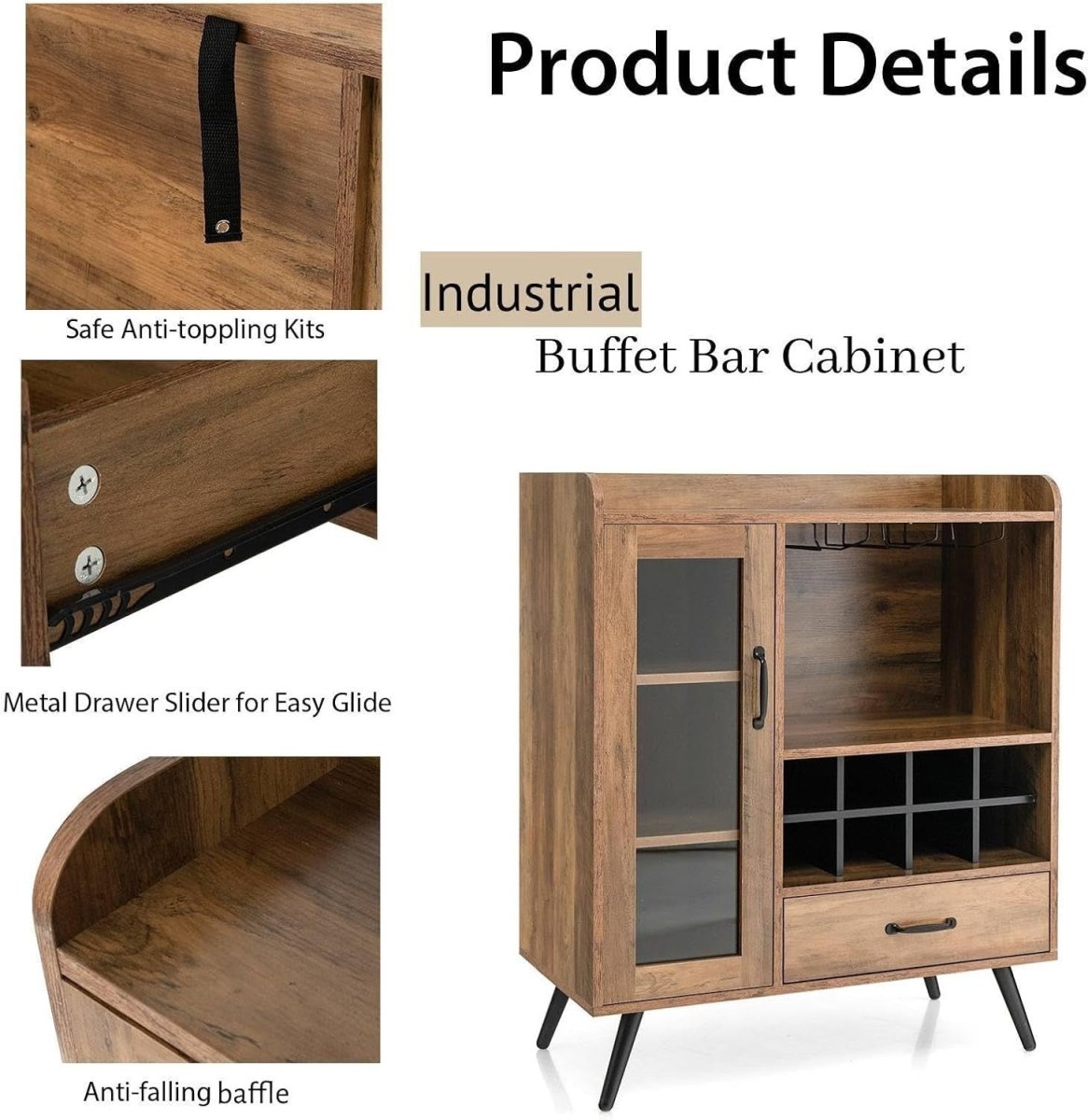 Rustic Wine Cabinet Sideboard with Glass Door, Wine Rack & Drawer for Home Bar - Kwikley