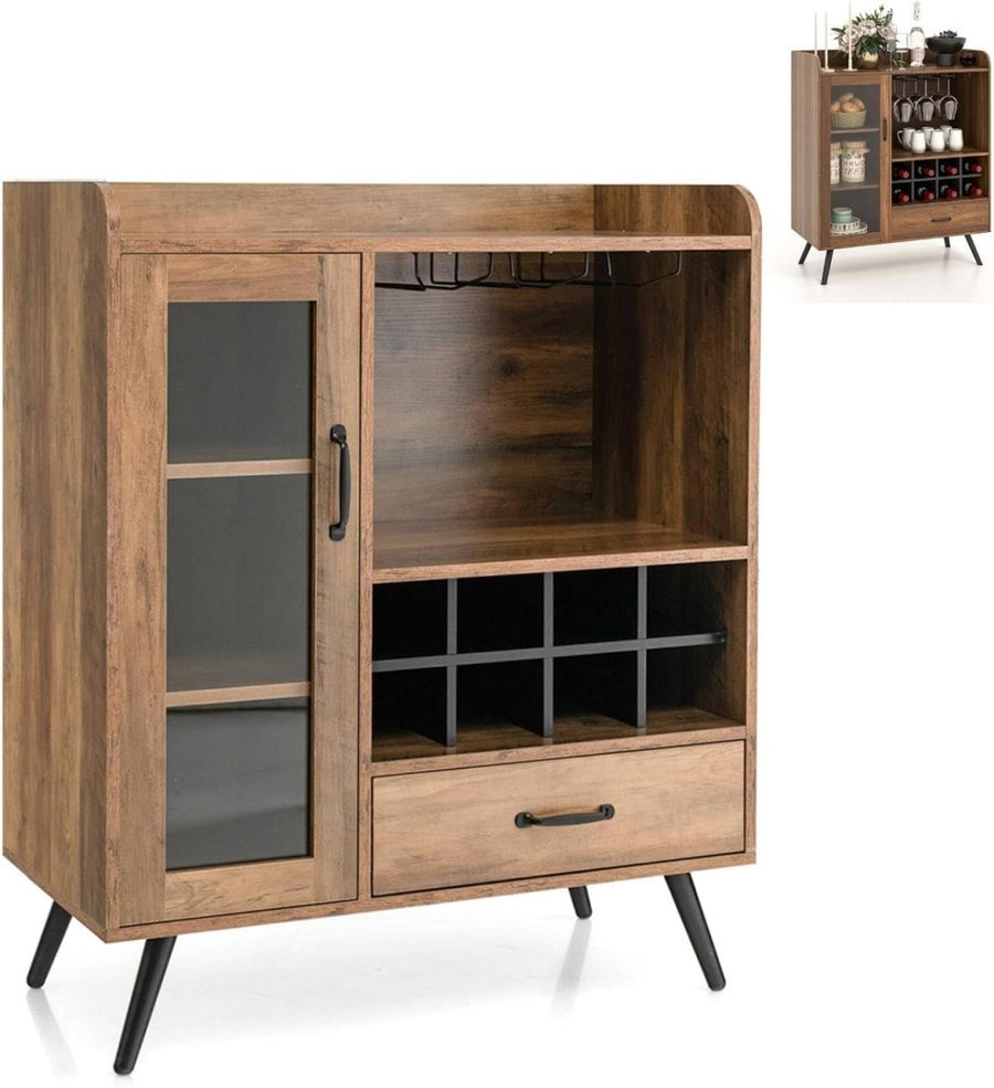 Rustic Wine Cabinet Sideboard with Glass Door, Wine Rack & Drawer for Home Bar - Kwikley