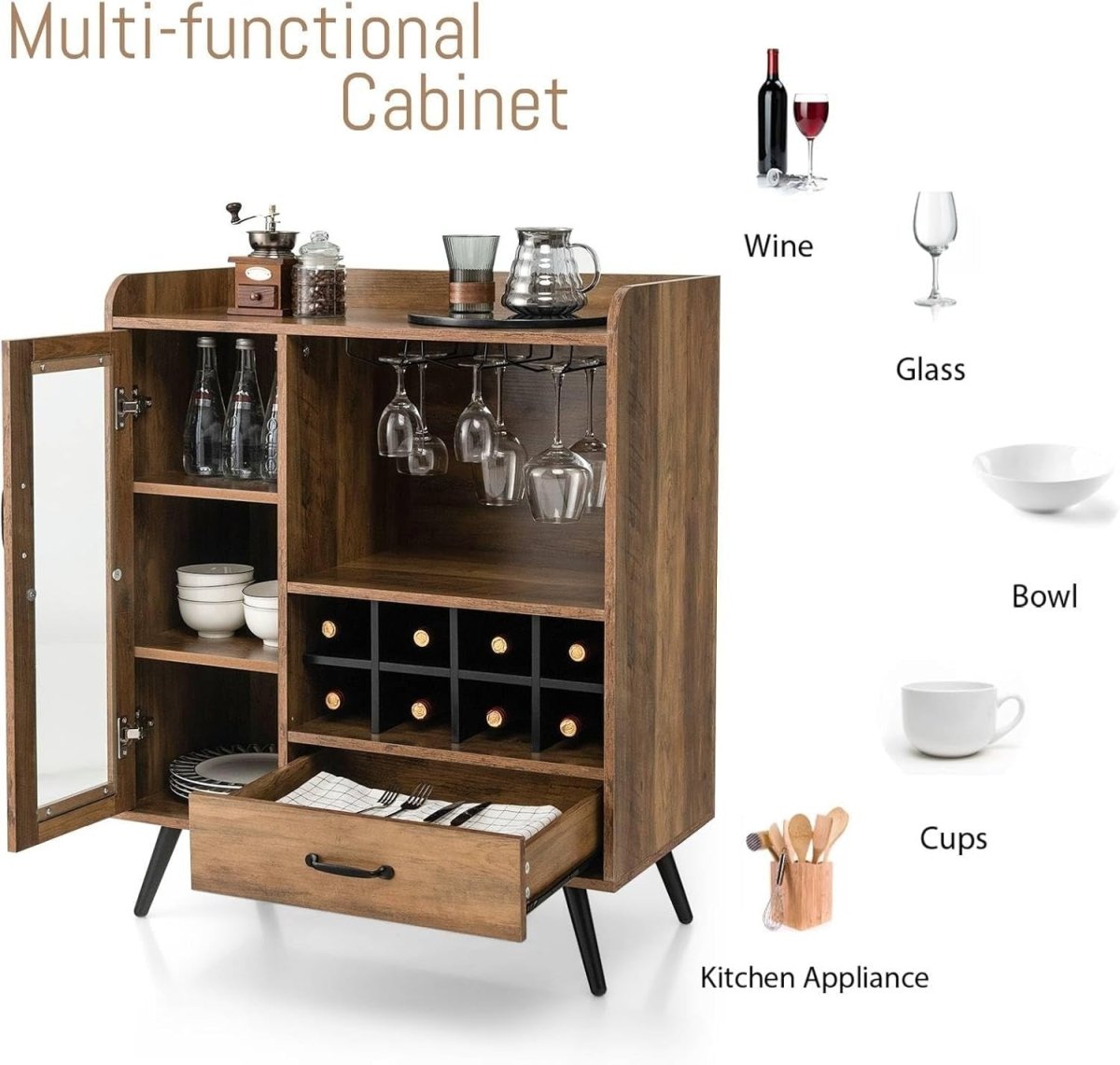 Rustic Wine Cabinet Sideboard with Glass Door, Wine Rack & Drawer for Home Bar - Kwikley