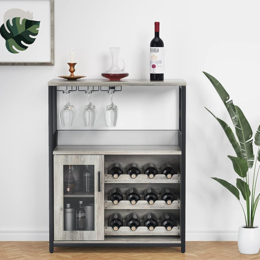 Rustic Wine Cabinet with Glass Rack & Mesh Door, 27" Bar Storage Unit Grey - Kwikley