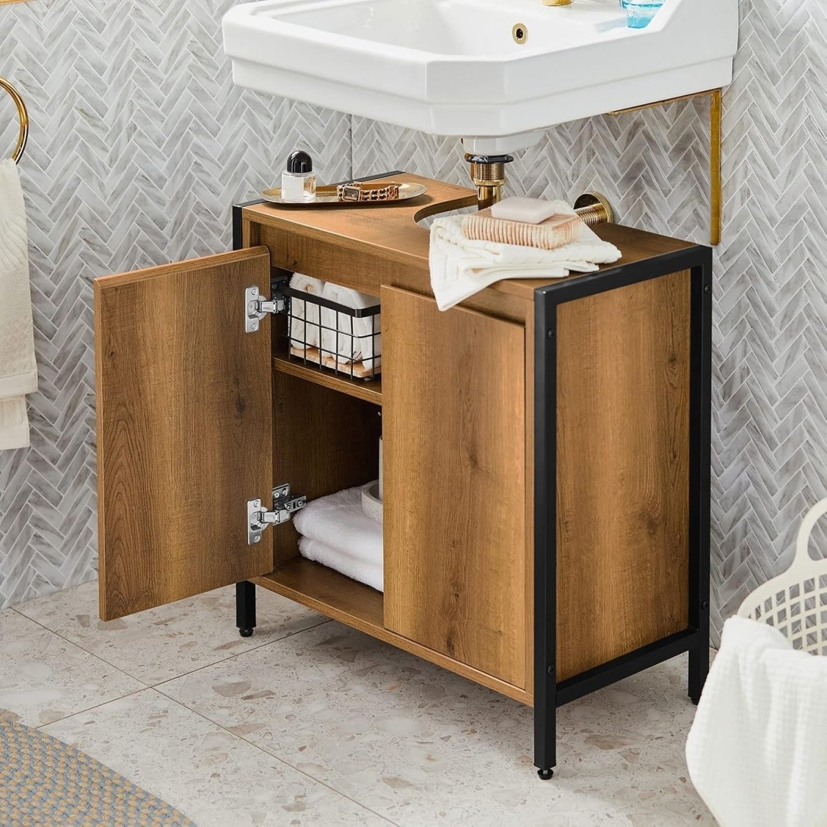 Rustic Wood Under Sink Bathroom Cabinet with Metal Frame & Storage Shelf - Kwikley