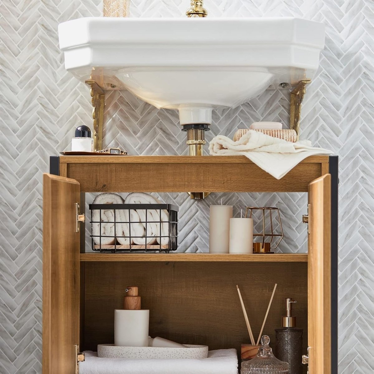 Rustic Wood Under Sink Bathroom Cabinet with Metal Frame & Storage Shelf - Kwikley