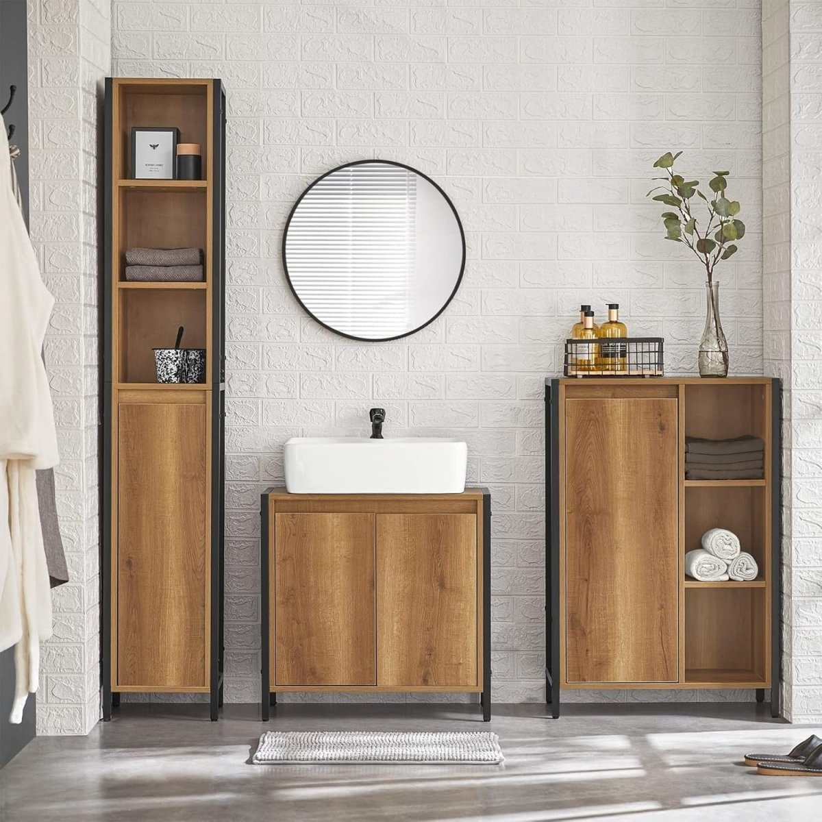 Rustic Wood Under Sink Bathroom Cabinet with Metal Frame & Storage Shelf - Kwikley