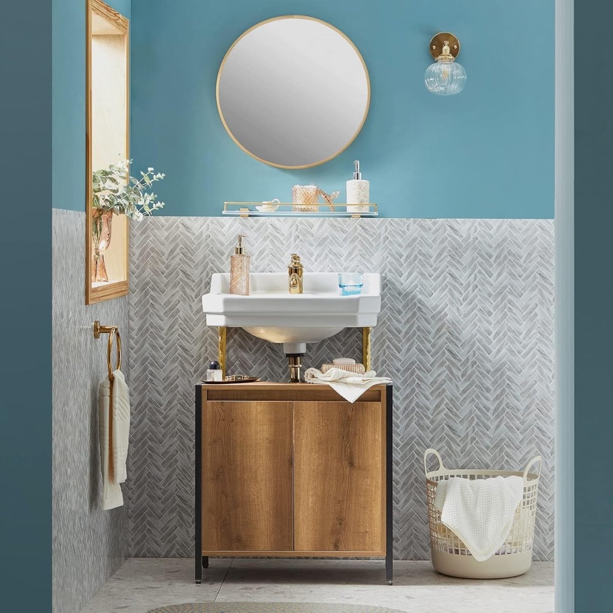 Rustic Wood Under Sink Bathroom Cabinet with Metal Frame & Storage Shelf - Kwikley