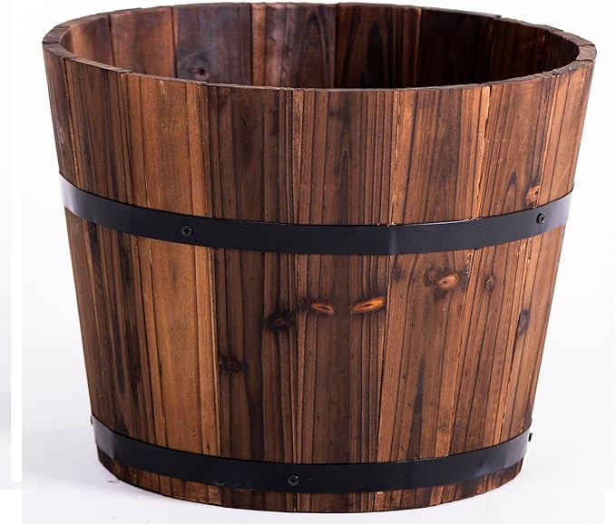 Rustic Wooden Barrel Planter 30cm Garden Pot with Handles - Kwikley