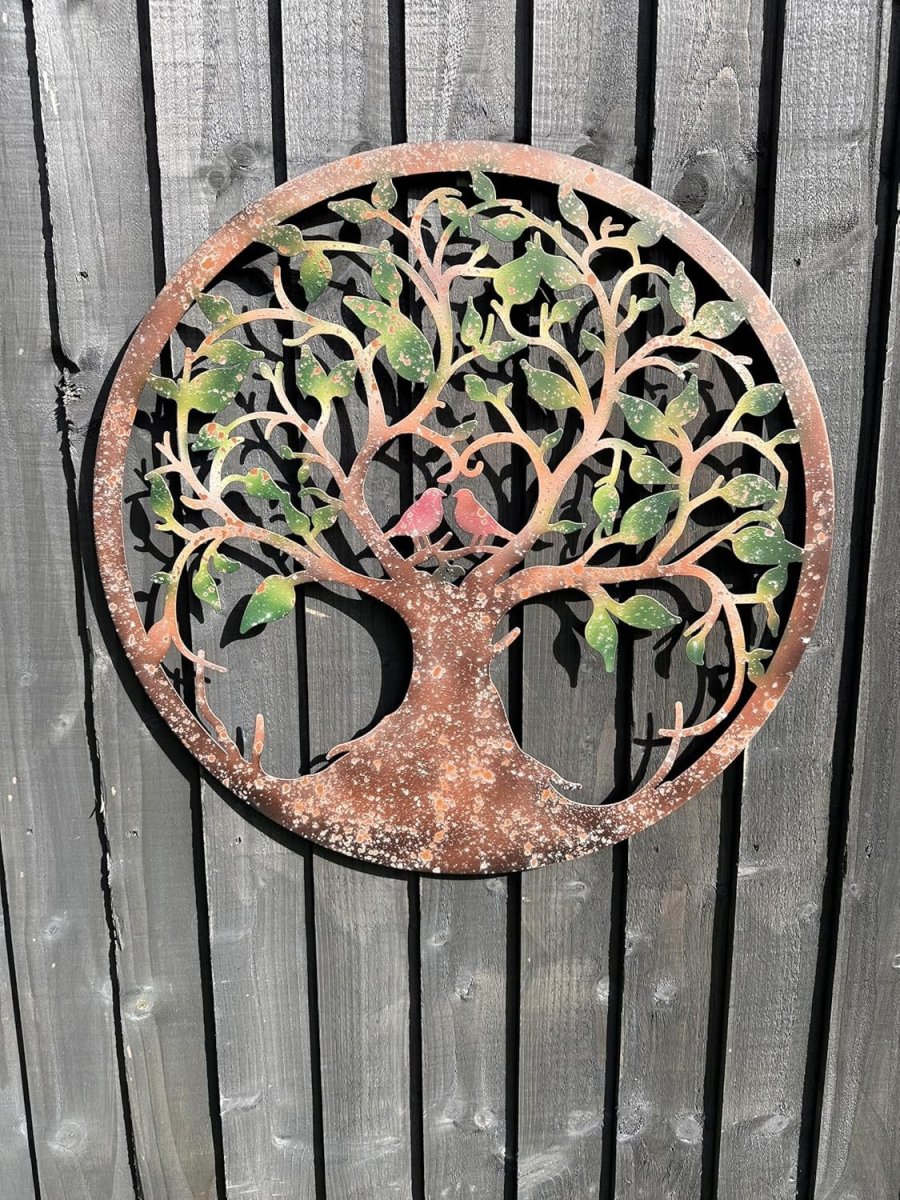 Rusty Tree of Life Wall Art with Heart & Lovebirds 60cm Metal Decor - Kwikley