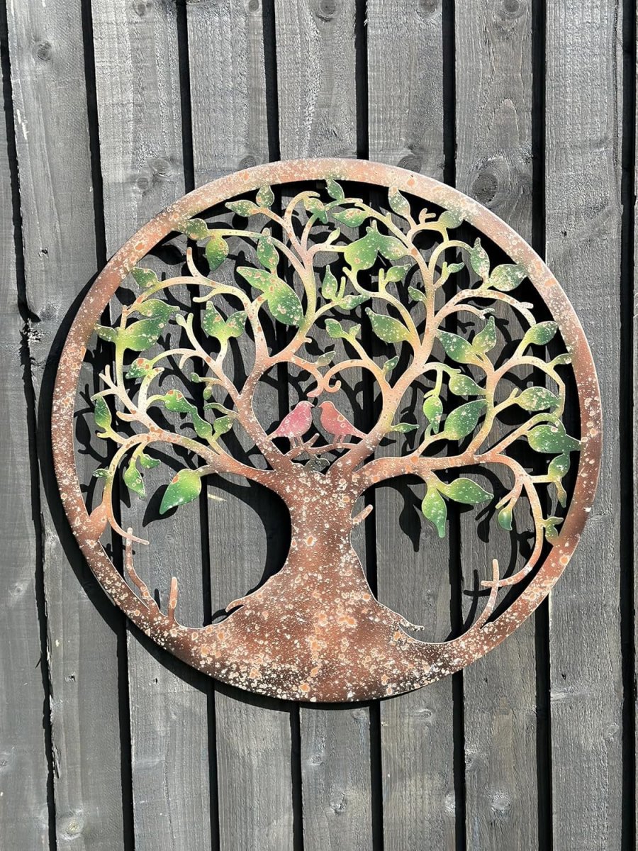 Rusty Tree of Life Wall Art with Heart & Lovebirds 60cm Metal Decor - Kwikley