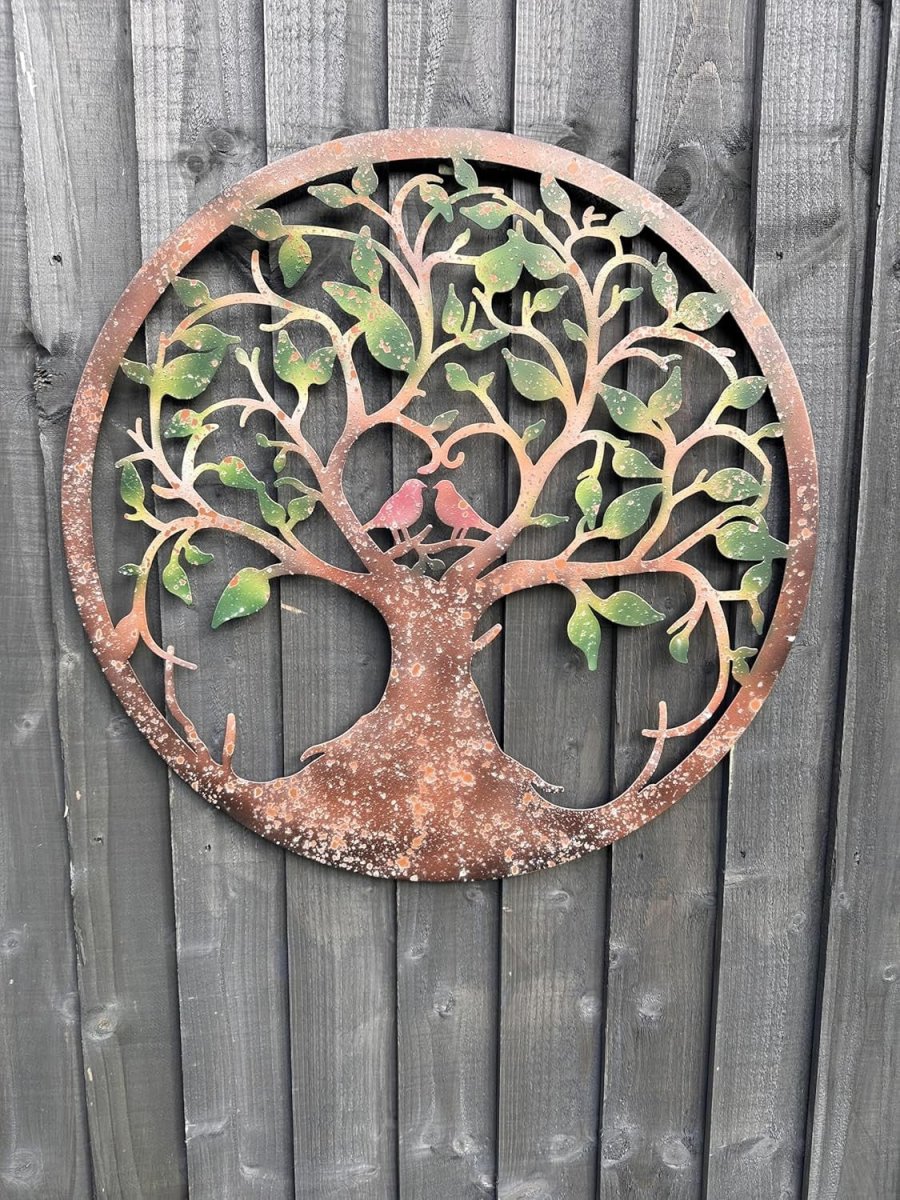 Rusty Tree of Life Wall Art with Heart & Lovebirds 60cm Metal Decor - Kwikley