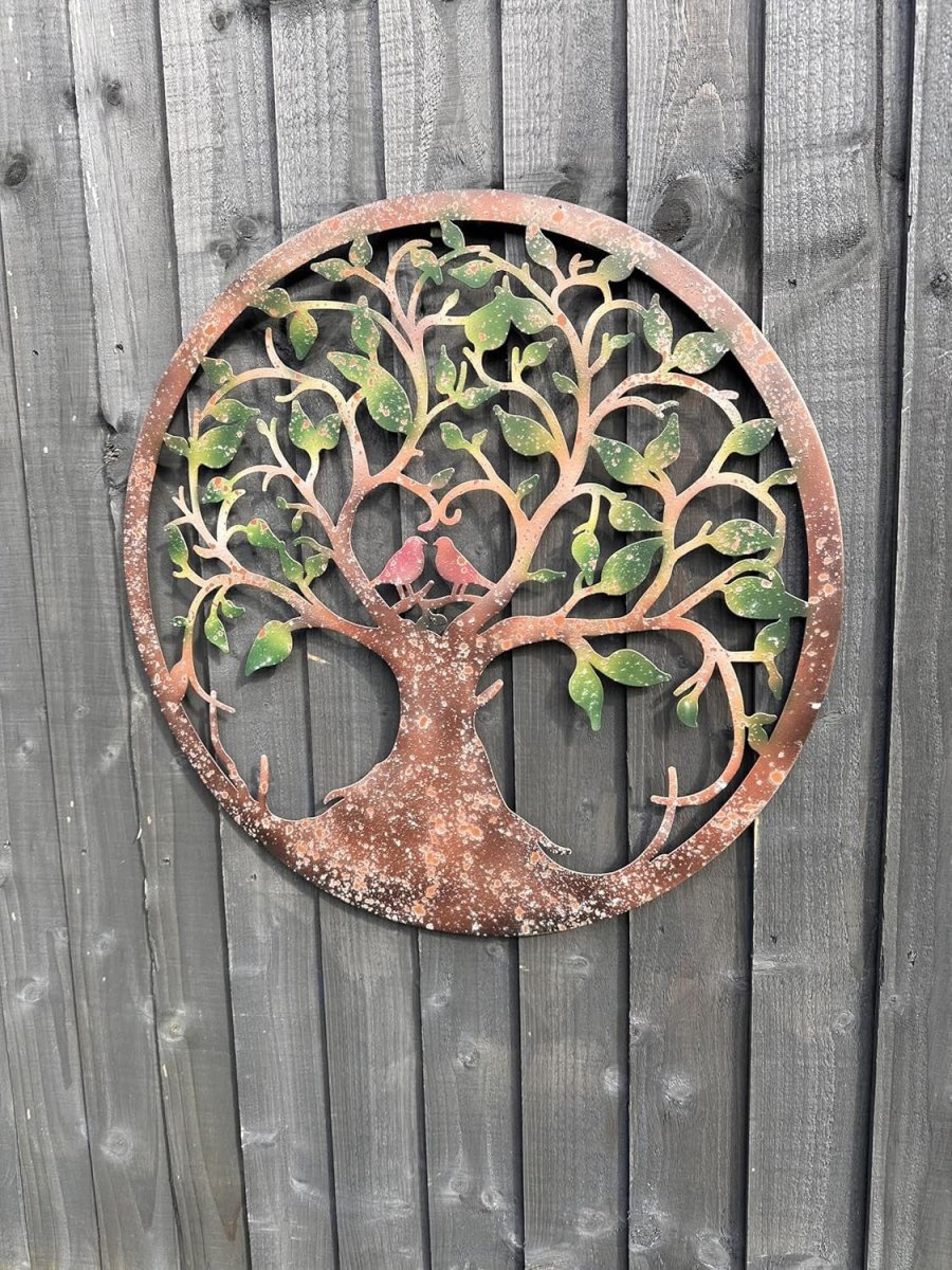 Rusty Tree of Life Wall Art with Heart & Lovebirds 60cm Metal Decor - Kwikley