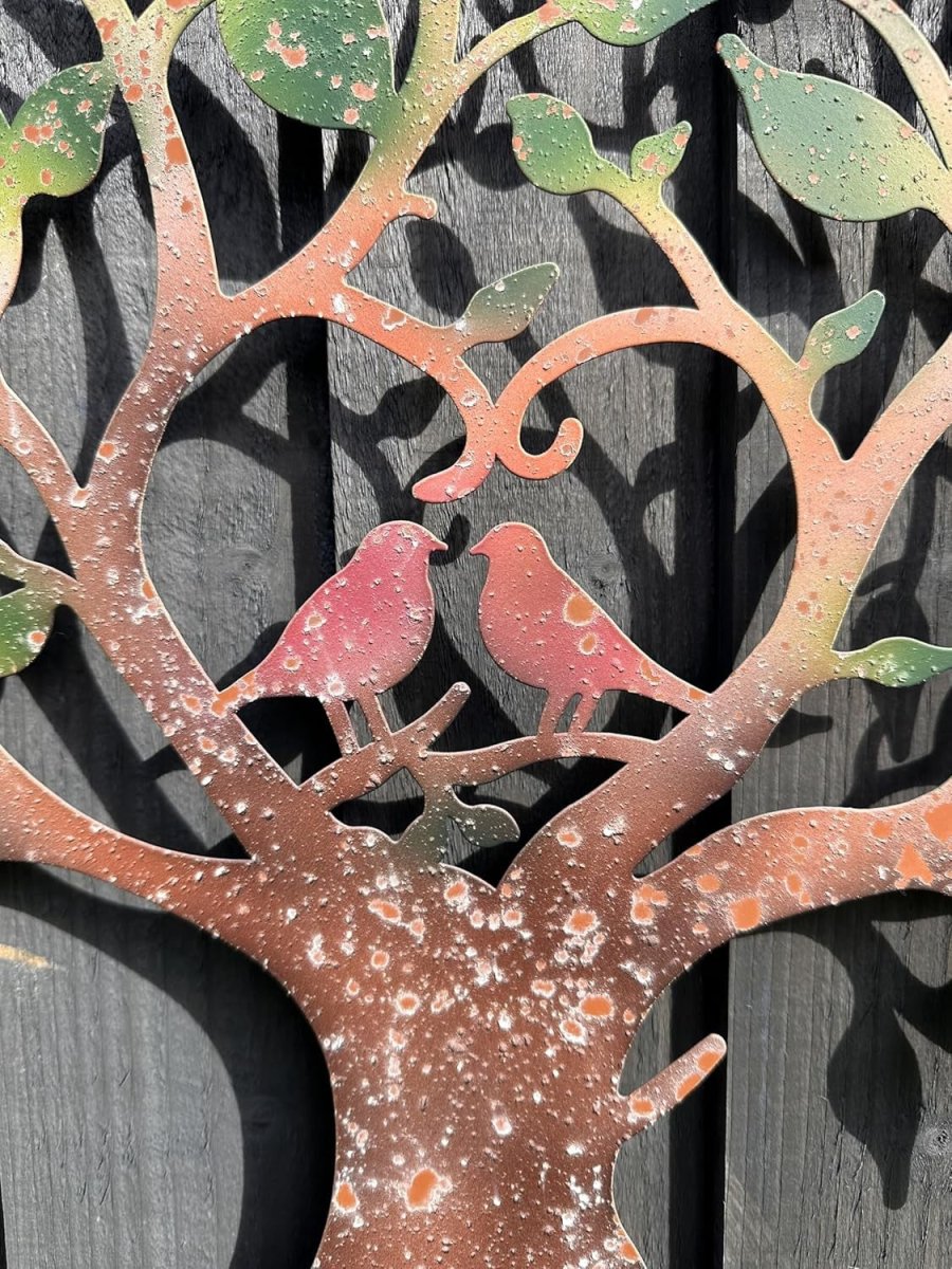 Rusty Tree of Life Wall Art with Heart & Lovebirds 60cm Metal Decor - Kwikley