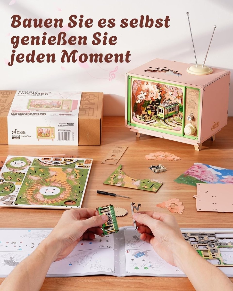 Sakura Train Music Box 3D Wooden Puzzle LED DIY Model Home Decor Gift - Kwikley