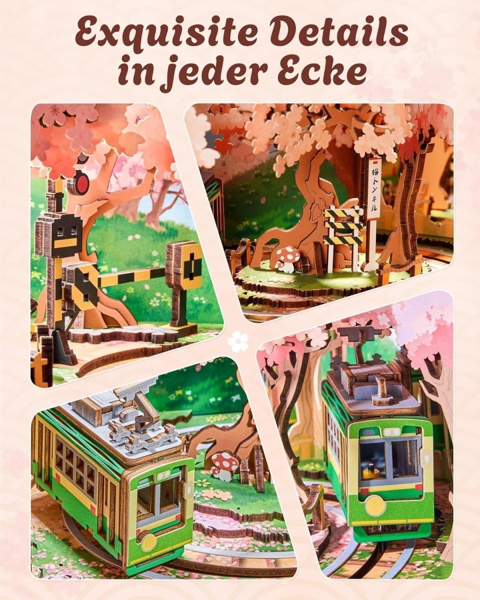 Sakura Train Music Box 3D Wooden Puzzle LED DIY Model Home Decor Gift - Kwikley