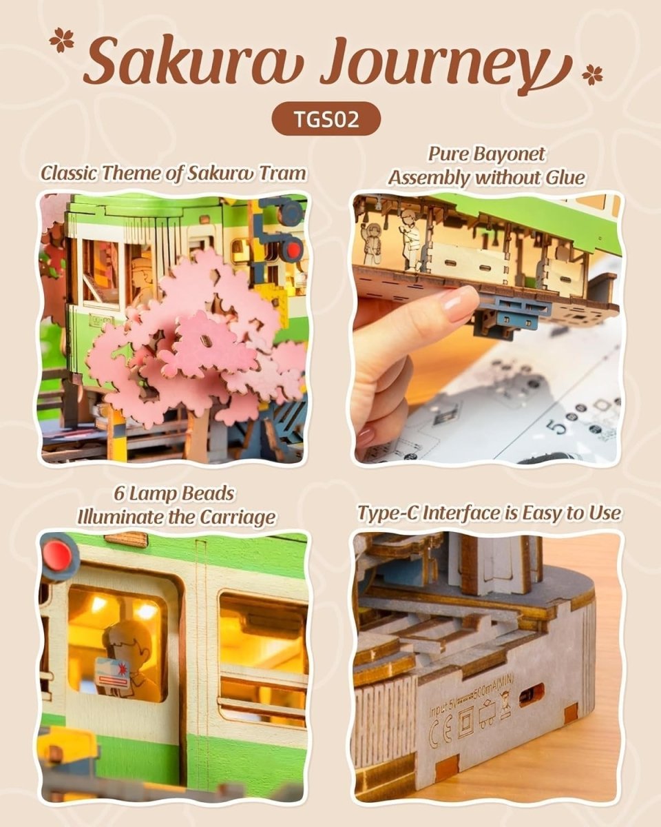 Sakura Tram 3D Wooden Puzzle LED Japanese Scene DIY Model Kit Gift - Kwikley