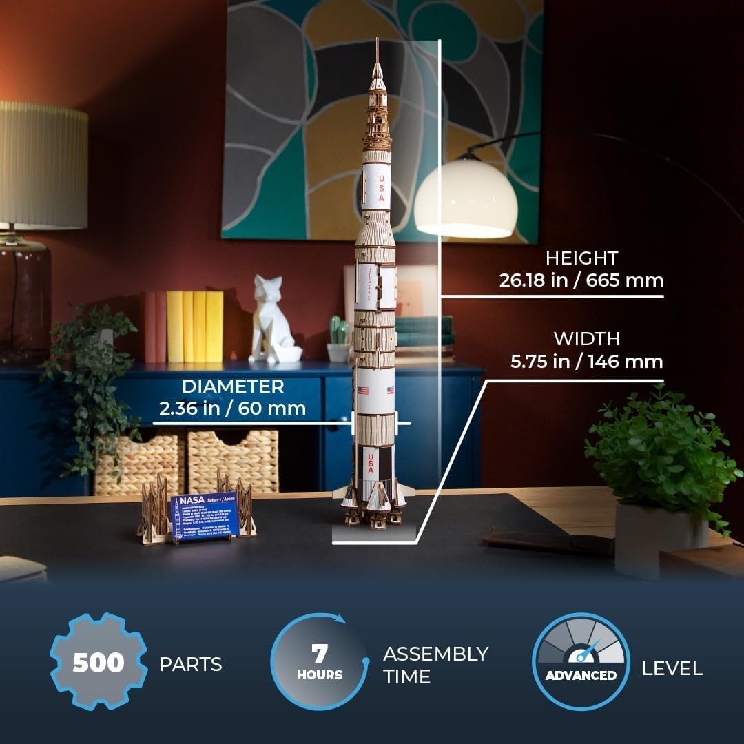 Saturn V Rocket 3D Wooden Puzzle Space Model Kit STEM DIY Build - Kwikley