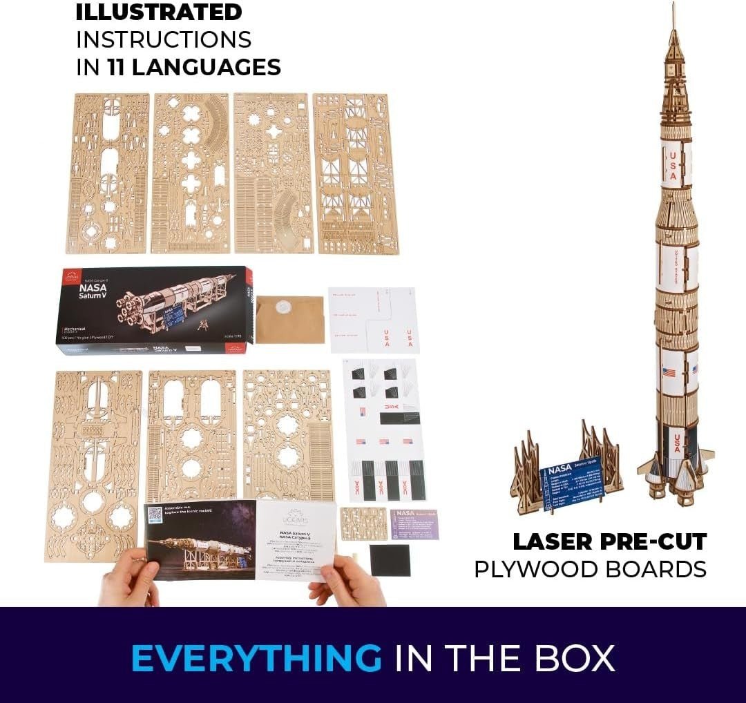 Saturn V Rocket 3D Wooden Puzzle Space Model Kit STEM DIY Build - Kwikley