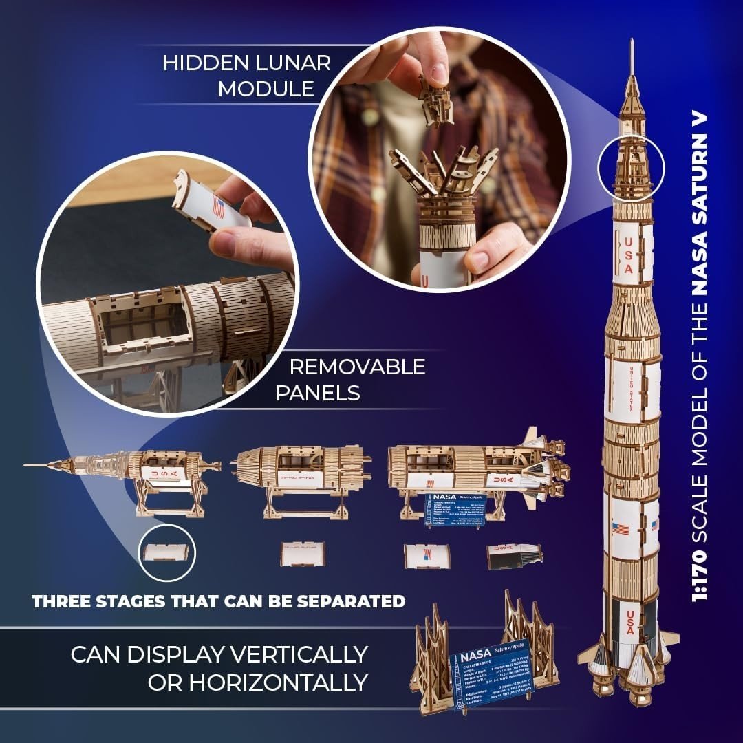 Saturn V Rocket 3D Wooden Puzzle Space Model Kit STEM DIY Build - Kwikley