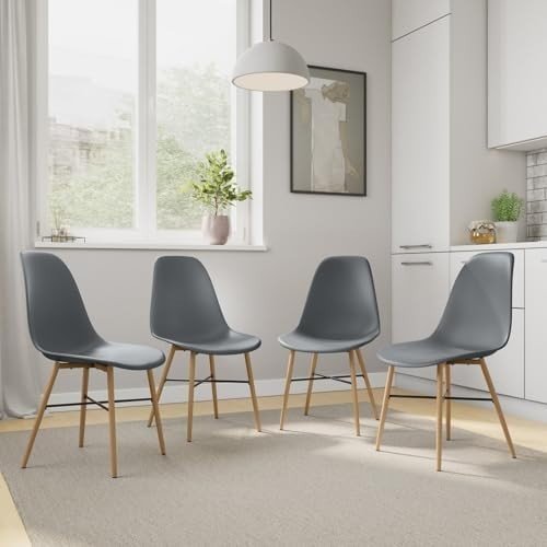 Scandinavian Dining Chairs Set of 4 Ergonomic Wood Effect Metal Legs Grey - Kwikley