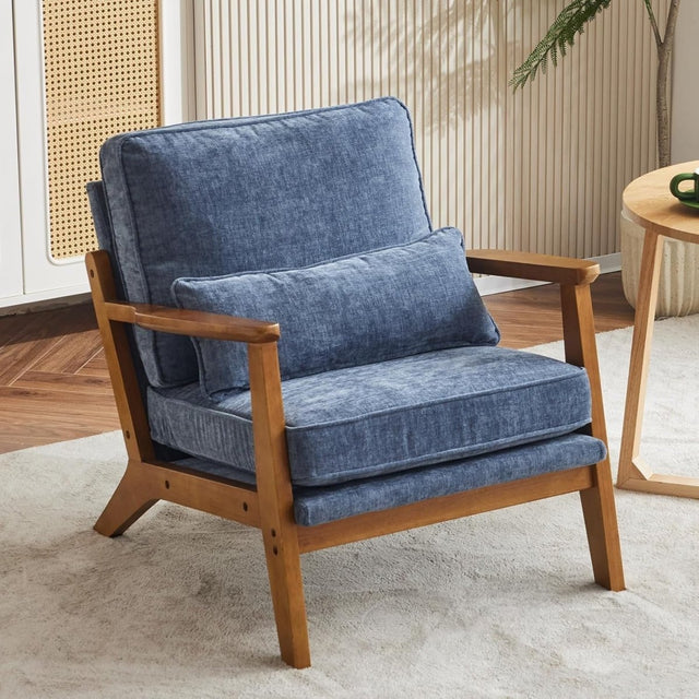 Sea Blue Chenille Accent Chair – Solid Wood Lounge Armchair Wide Arm