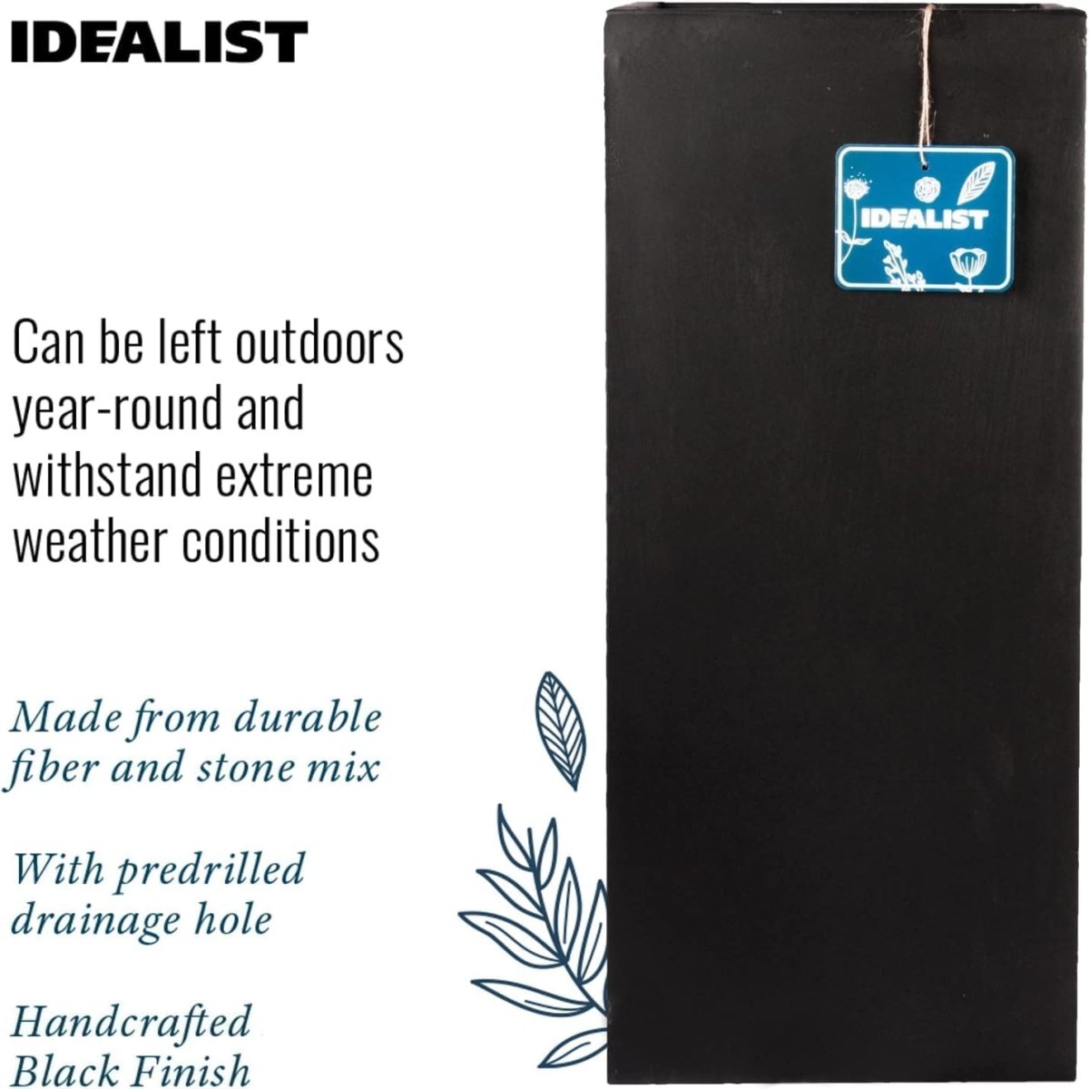 Set of 2 50cm Tall Square Planters Black Fiberstone Outdoor Pots - Kwikley