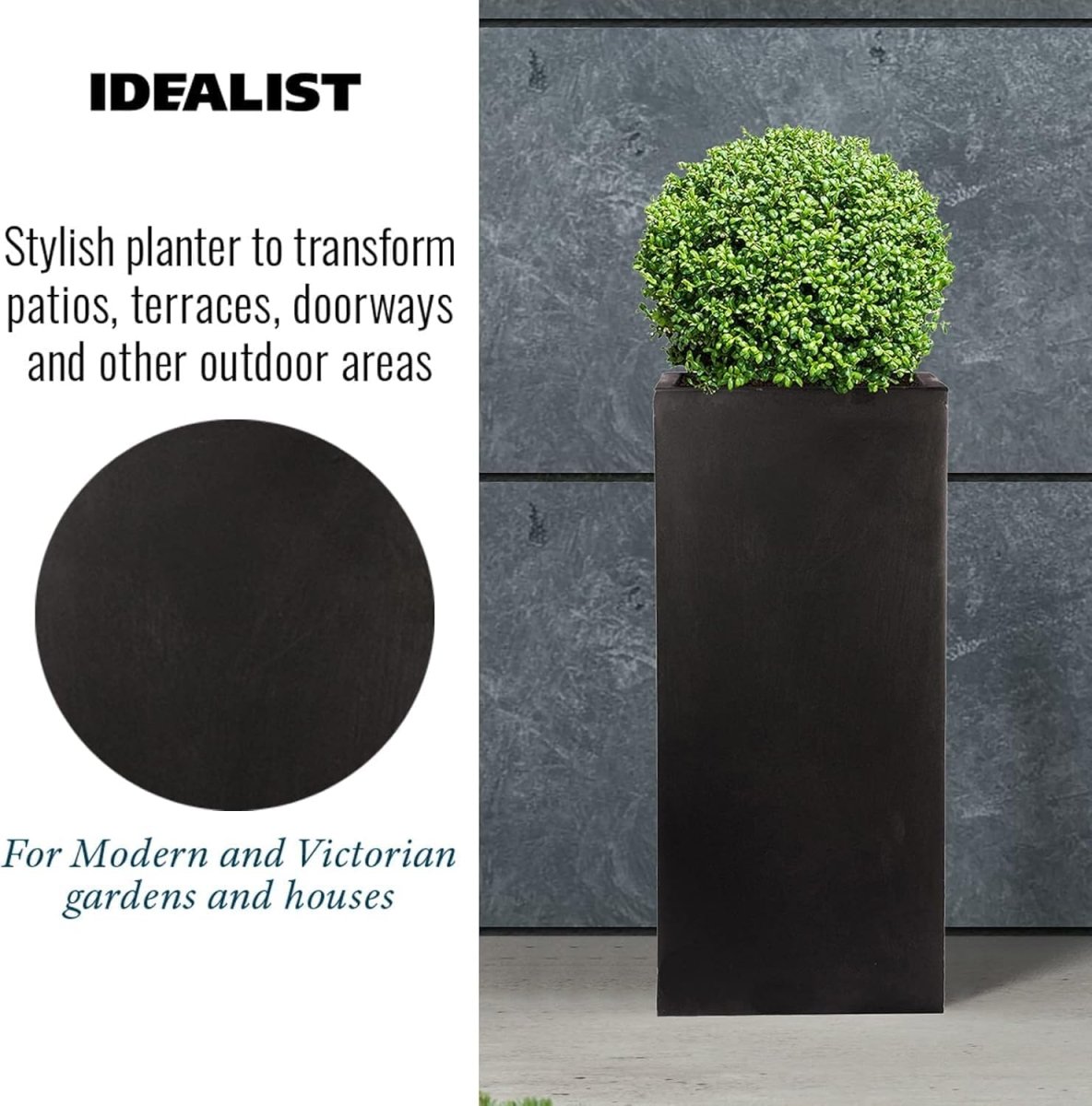Set of 2 50cm Tall Square Planters Black Fiberstone Outdoor Pots - Kwikley
