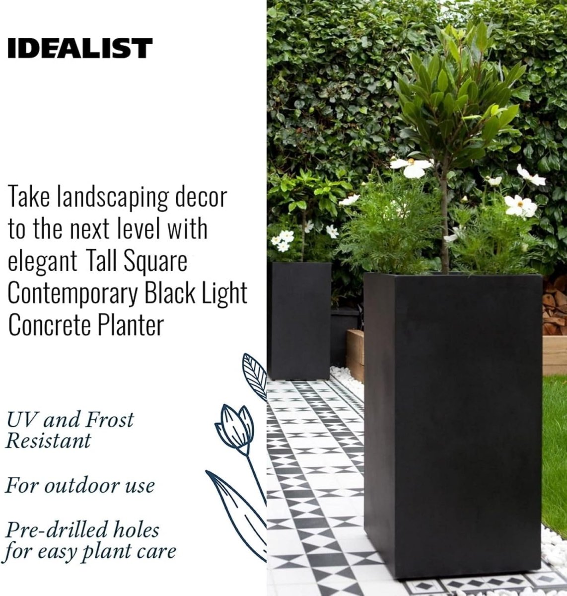 Set of 2 50cm Tall Square Planters Black Fiberstone Outdoor Pots - Kwikley