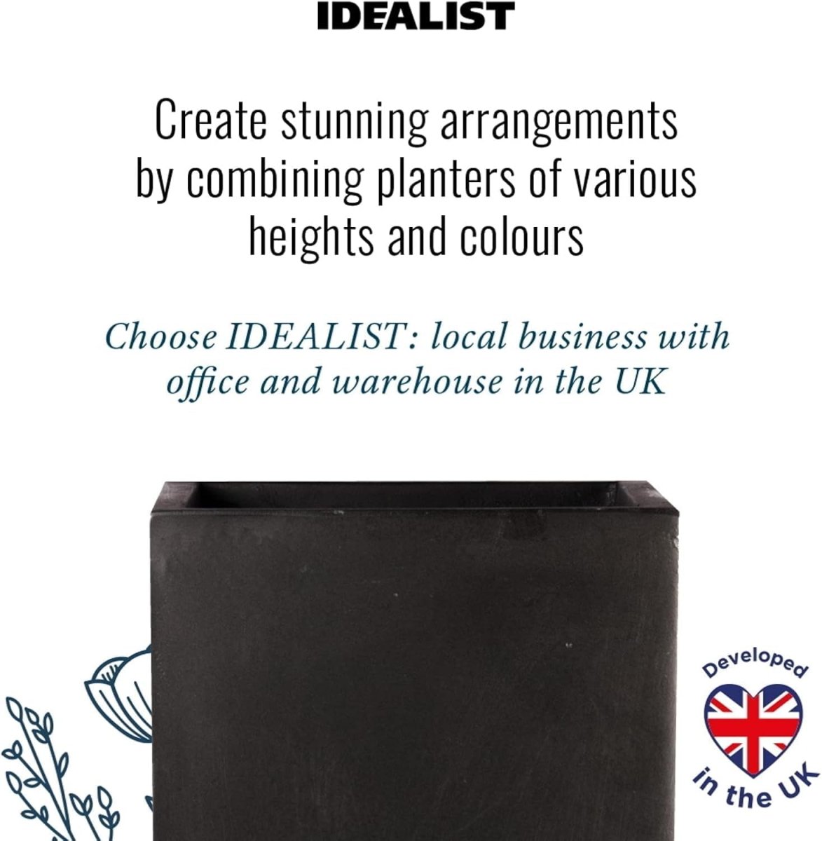 Set of 2 50cm Tall Square Planters Black Fiberstone Outdoor Pots - Kwikley