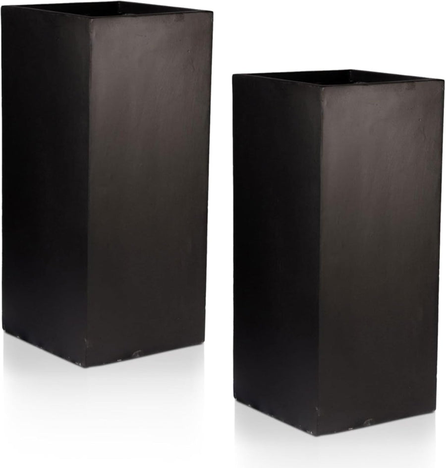 Set of 2 50cm Tall Square Planters Black Fiberstone Outdoor Pots - Kwikley