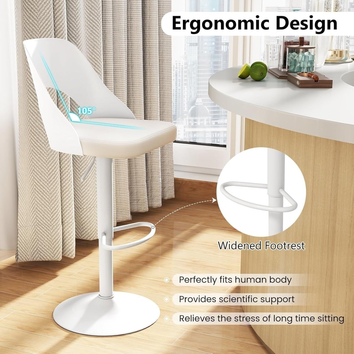 Set of 2 Adjustable White PU Leather Swivel Bar Stools for Kitchen Counter - Kwikley