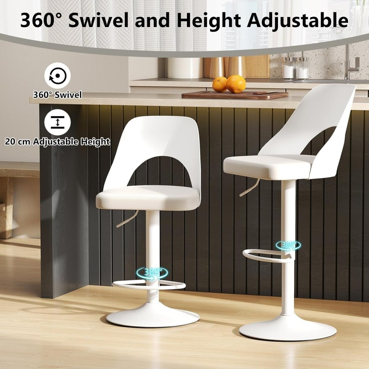 Set of 2 Adjustable White PU Leather Swivel Bar Stools for Kitchen Counter - Kwikley