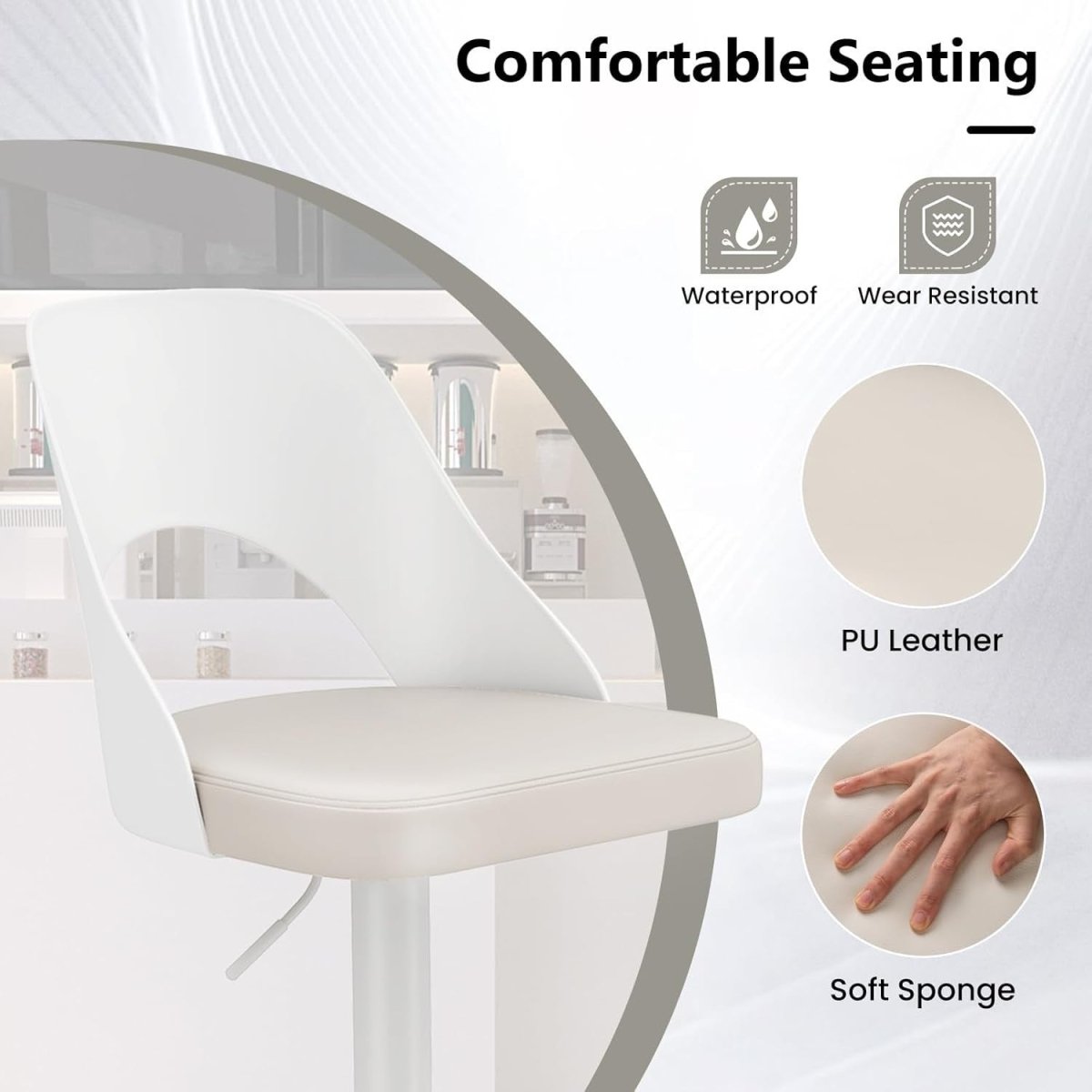 Set of 2 Adjustable White PU Leather Swivel Bar Stools for Kitchen Counter - Kwikley
