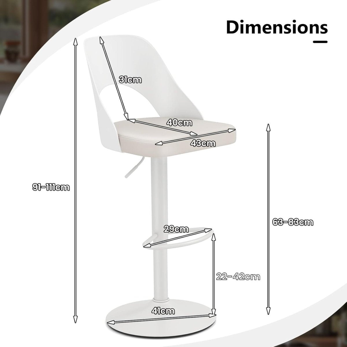 Set of 2 Adjustable White PU Leather Swivel Bar Stools for Kitchen Counter - Kwikley