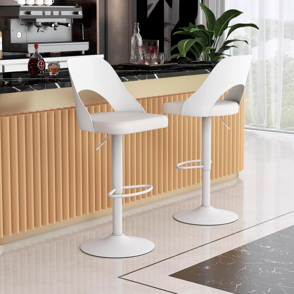Set of 2 Adjustable White PU Leather Swivel Bar Stools for Kitchen Counter - Kwikley