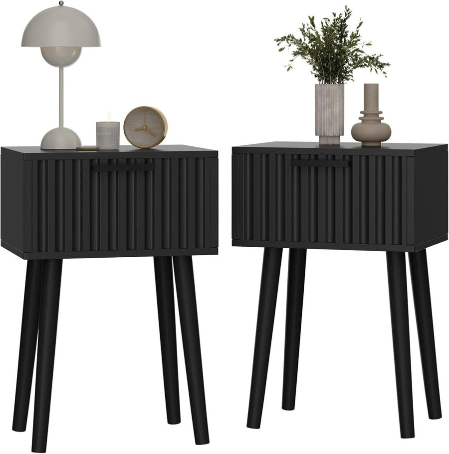 Set of 2 Black Fluted Bedside Tables – Modern Nightstands with Drawer & Tall Leg - Kwikley