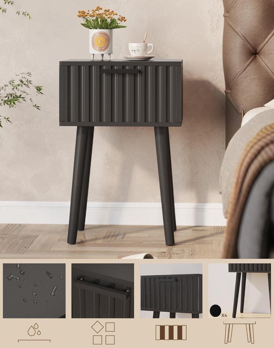 Set of 2 Black Fluted Bedside Tables – Modern Nightstands with Drawer & Tall Leg - Kwikley