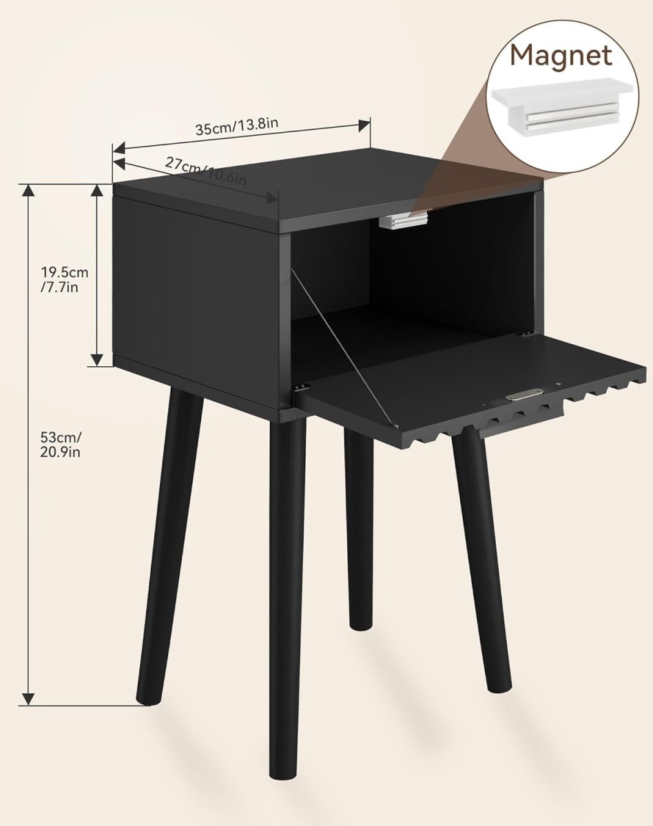 Set of 2 Black Fluted Bedside Tables – Modern Nightstands with Drawer & Tall Leg - Kwikley