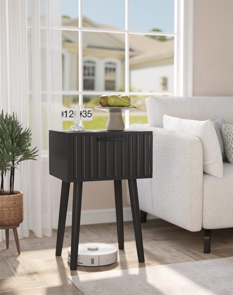 Set of 2 Black Fluted Bedside Tables – Modern Nightstands with Drawer & Tall Leg - Kwikley