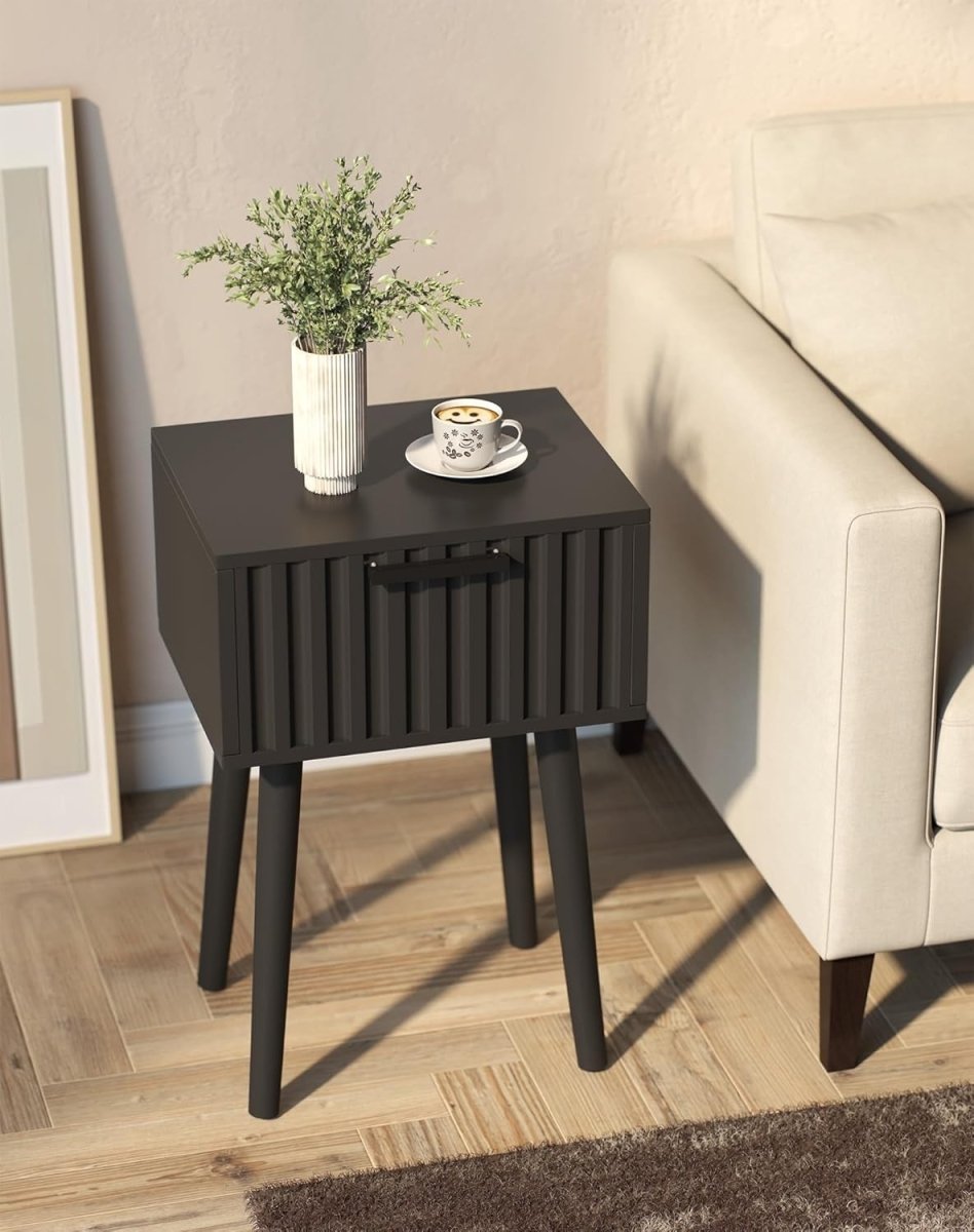 Set of 2 Black Fluted Bedside Tables – Modern Nightstands with Drawer & Tall Leg - Kwikley