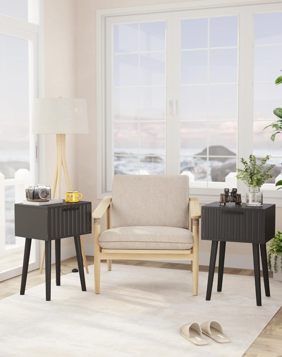 Set of 2 Black Fluted Bedside Tables – Modern Nightstands with Drawer & Tall Leg - Kwikley