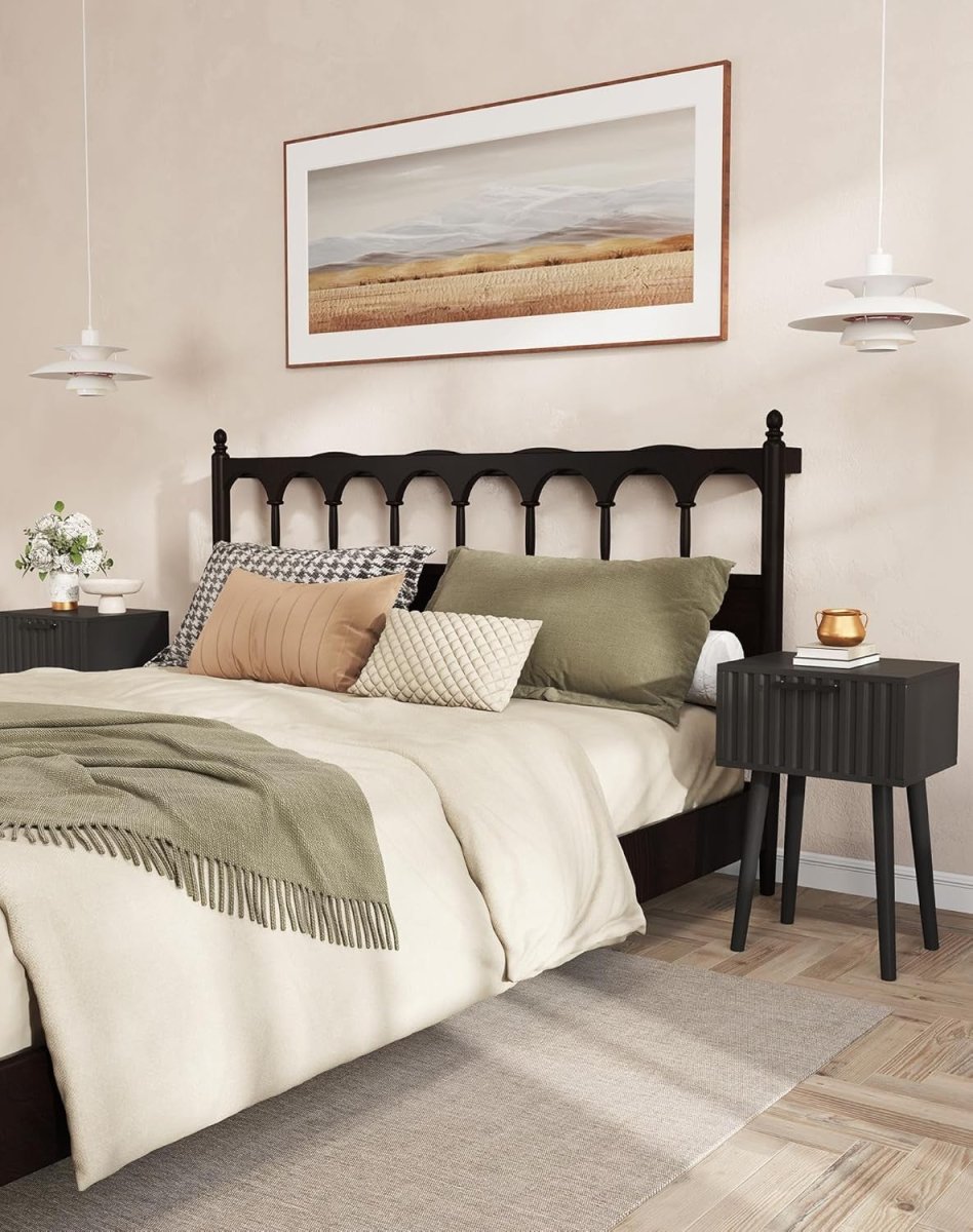 Set of 2 Black Fluted Bedside Tables – Modern Nightstands with Drawer & Tall Leg - Kwikley