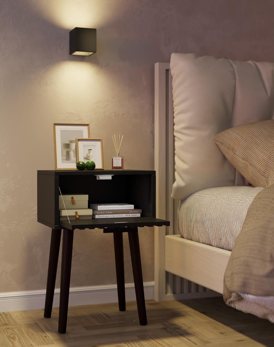 Set of 2 Black Fluted Bedside Tables – Modern Nightstands with Drawer & Tall Leg - Kwikley