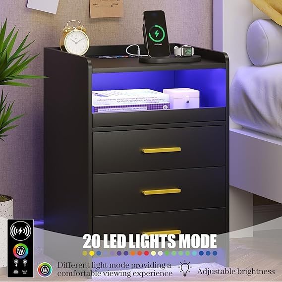 Set of 2 Black LED Bedside Tables with Charging Station & 3 Drawers | Modern - Kwikley