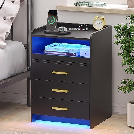 Set of 2 Black LED Bedside Tables with Charging Station & 3 Drawers | Modern - Kwikley
