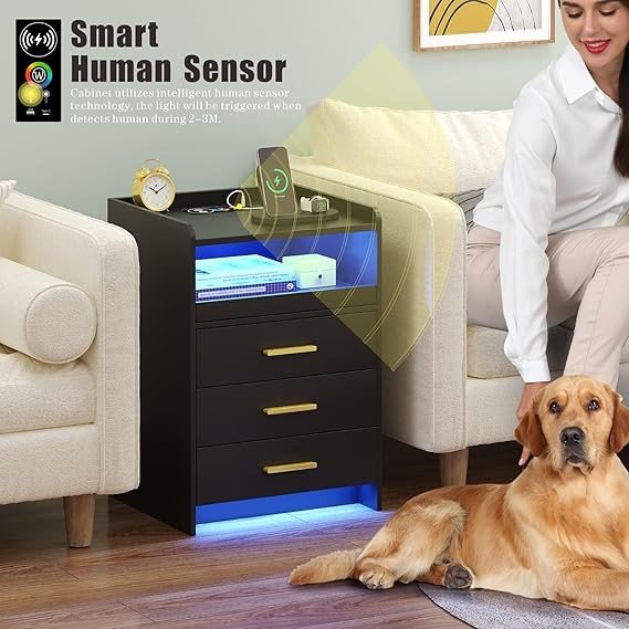 Set of 2 Black LED Bedside Tables with Charging Station & 3 Drawers | Modern - Kwikley