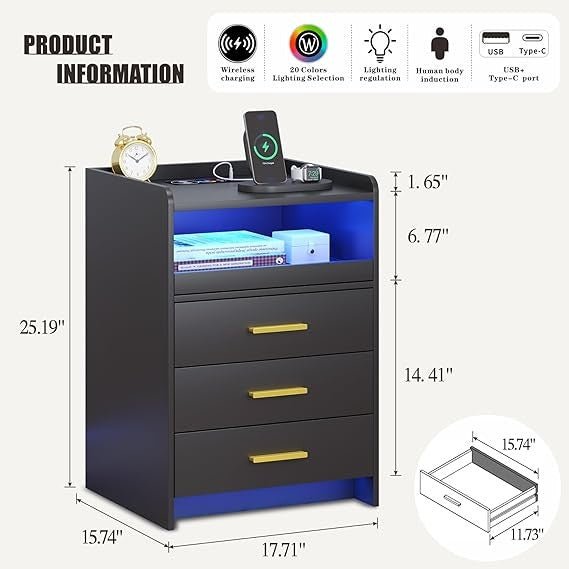 Set of 2 Black LED Bedside Tables with Charging Station & 3 Drawers | Modern - Kwikley